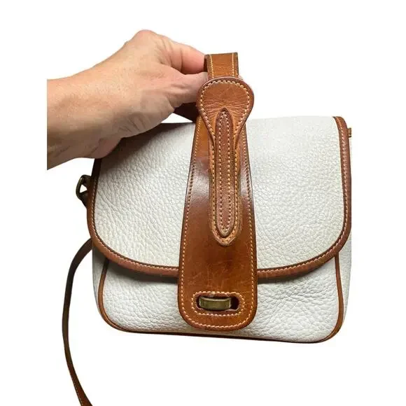 Vtg DOONEY & BOURKE AWL Equestrian Bag White Pebbled Leather British Tan 80's - Picture 8 of 16